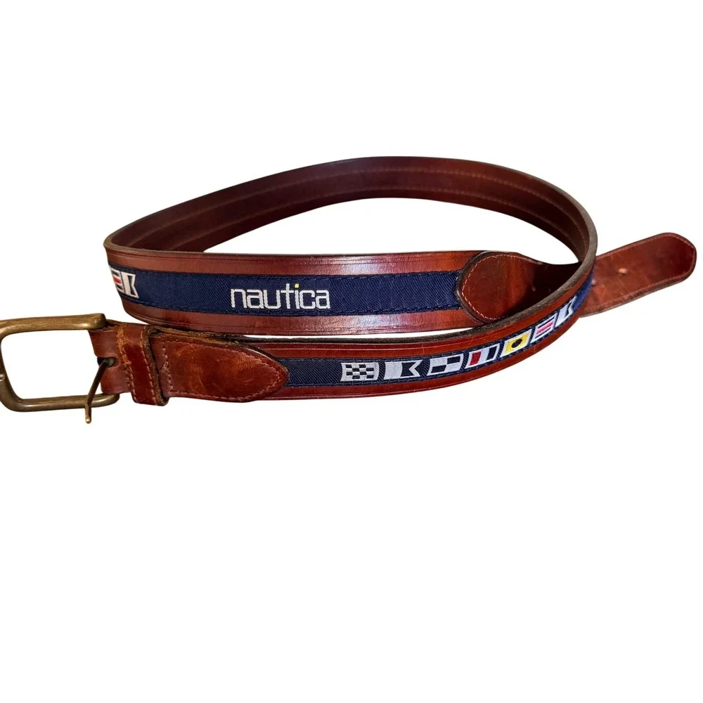 Leather Nautical Inlay Flag Belt Mens 40 Brown Brass Buckle Preppy Coastal Style